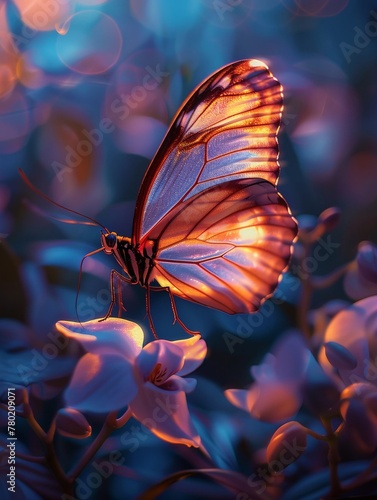 Dreamy butterfly, orchid petal wings, ethereal glow, twilight setting, eyelevel, magical ambiance