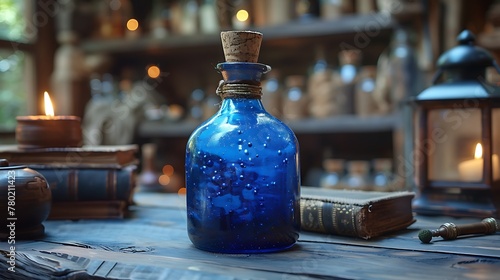 Blue Potion spell bottles with magic book and wand fantasy magic illustration