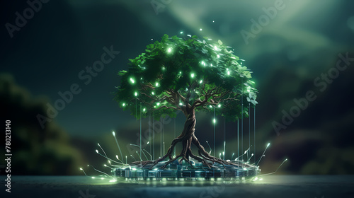 Technological trees growing on network lines, Arbor Day green energy smart agriculture concept illustration