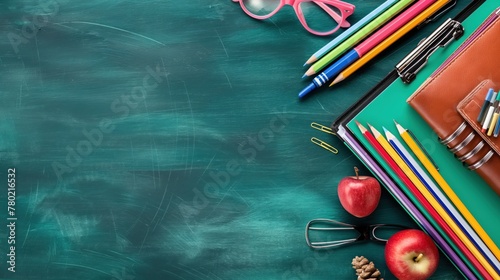 fundo fotográfico do dia do professor retrata uma mesa de sala de aula decorada com lápis, cadernos, livros e flores