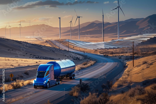 Cutting-edge electric truck hauling a colossal blue hydrogen gas tank down a highway, with sweeping rows of wind turbines and solar panels stretching out toward the horizon.