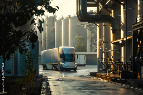 The electric truck is ready to leave the hydrogen plant with a tank filled with green fuel. The concept of reliable transport and an environmentally friendly future.