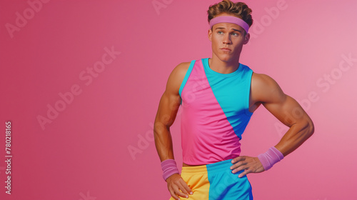 Retro 1980s Style Male Aerobics Model Wearing Bright Colorful Fitness Clothing With Copy Space