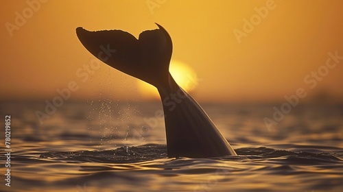 Dugong, tail fin above surface, rear view, graceful, muted sunset glow , low noise