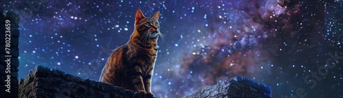 Empowerment in beauty, a cat standing regally on castle walls under a starry sky, mystic aura, closeup, captivating ,