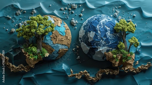 A conceptual piece showing a split earth one side flourishing and the other polluted