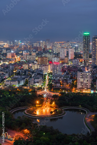 Aerial skyline view of Hanoi cityscape at twilight in Cau Giay district, Hanoi