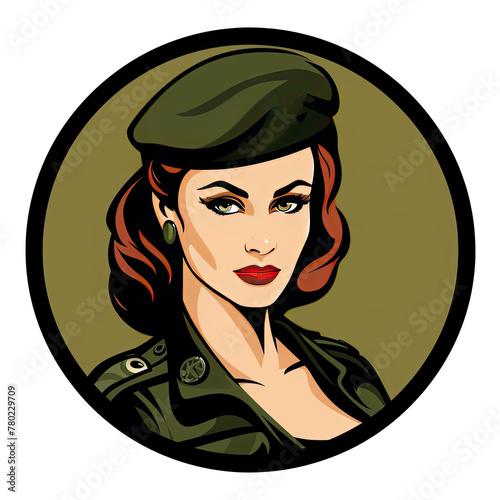 A logo of a woman soldier with a green beret on a green background within a circle