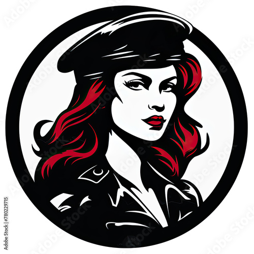 A logo of a woman soldier with red hair wearing a black beret within a circle