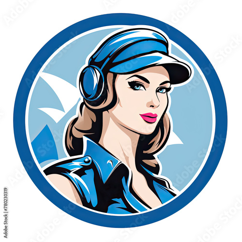 A logo of a beautiful woman soldier with a blue hat within a circle