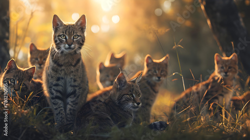 Wild cat family in the forest in the summer evening with setting sun. Group of wild animals in nature.
