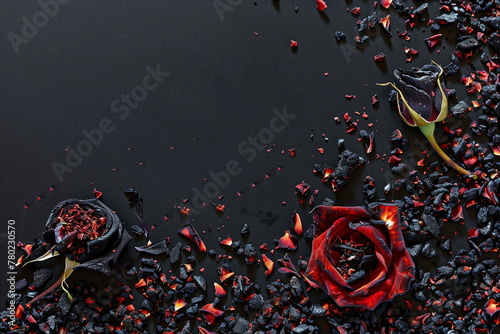 Dark frame with burned flowers and rose petals for breakup, heartbreak or condolence card. Empty place for sentimental text, quote or sayings