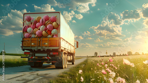 Cargo truck full of ice creams on the road in the summer countryside. Concept of high quality food products, summer refreshment, cargo and shipping.
