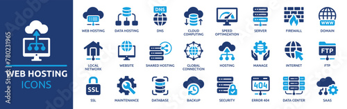 Web hosting icon set. Containing cloud computing, server, domain, firewall, internet, FTP, database, SSL, data hosting and more. Solid vector icons collection.