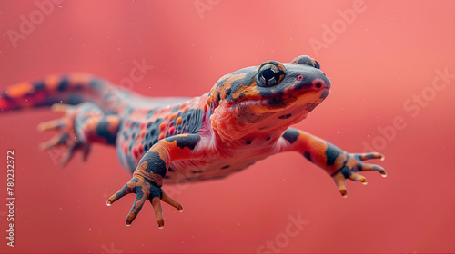 a Newt Swimming, studio shot, against solid color background, hyperrealistic photography, blank space for writing