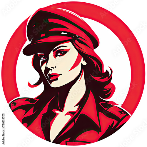 A logo of a woman soldier with red hair within a circle