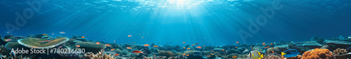 panoramic deep blue underwater background with coral reefs and fish