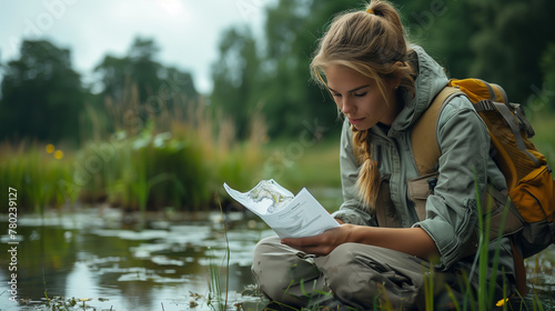 A female ecologist analyzes data to study the condition of the river's water.