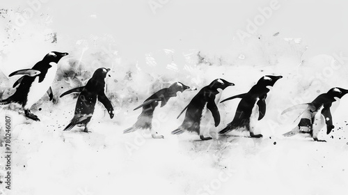 A series of penguins walking in a line
