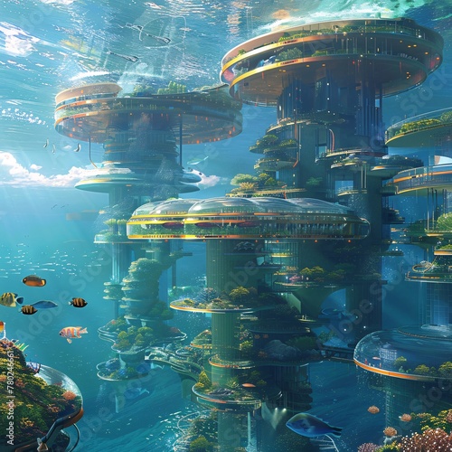 An underwater scene showcasing a rich array of plant life and various marine animals, including fish, corals, mollusks, and crustaceans interacting in their natural habitat