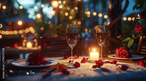 portrayal of a romantic dinner scene, featuring detailed textures of tablecloth, dinnerware, and soft ambient lighting
