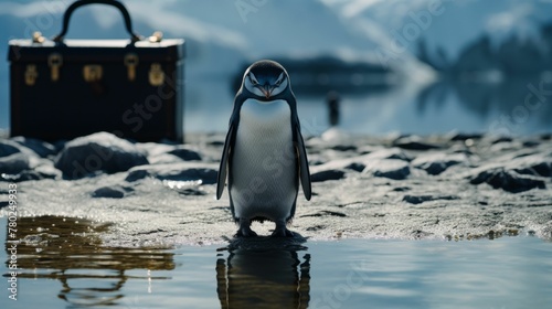 chic penguin in a tailored trench coat, complete with a bowler hat and a briefcase. Against a backdrop of Antarctic icebergs, it exudes Antarctic elegance and business savvy. The mood: sophisticated a
