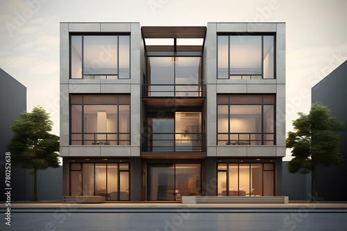 A minimalistic facade of a modern building with a geometric pattern of gray structures , generated by AI. 3D illustration