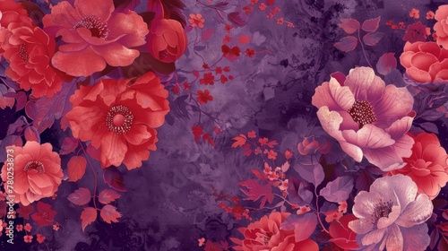 A romantic and elegant background with a mix of bold and dainty floral patterns in shades of red pink and purple.