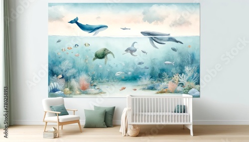 Nursery room with whimsical ocean wall mural background.