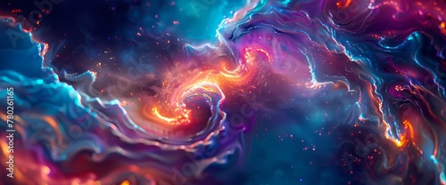 Within the liquid cosmos, neon ribbons spiral and swirl, creating a hypnotic vortex of mesmerizing light and color.