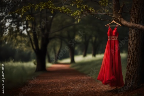 An image of a crimson clothing hanging vertically from a tree branch.
