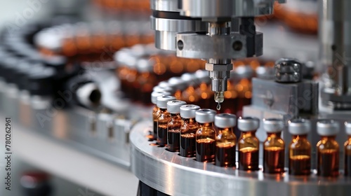 Precision machines delicately fill vials with life-saving substances, a pivotal step in pharmaceutical manufacturing. Vital for medicines and vaccines. 