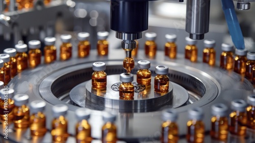 Precision machine fills vials with substance, illustrating the indispensable process in pharmaceutical manufacturing for medicines and vaccines. 