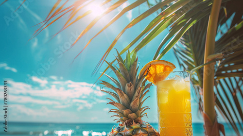 Cocktail with slice of orange and sunglasses stands on the table against the backdrop of the sea. Summer trend background