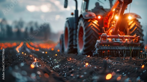Modern tractor with illuminated lights plowing field at twilight 