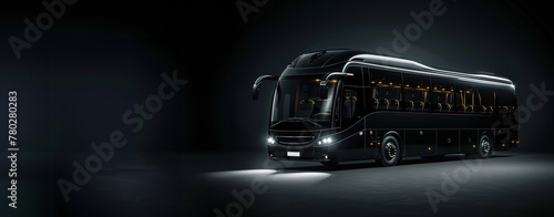 A sleek black bus showcased against a dark background with illuminated detailing.