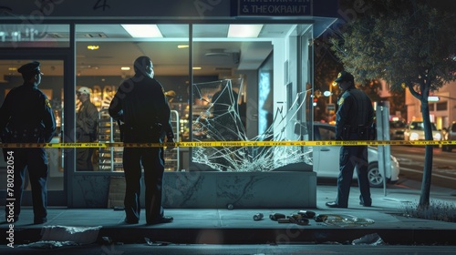 A group of police officers stand outside a store with a broken window (crime scene photos)