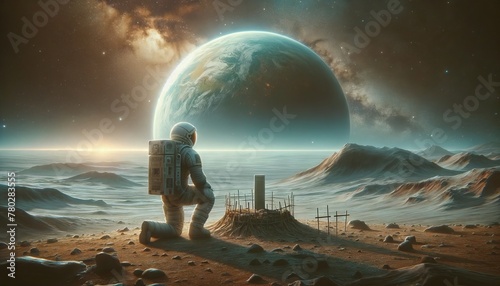 A lone astronaut kneeling before a makeshift memorial on a barren alien landscape, the Earth visible in the distant sky.