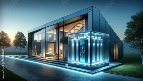 A futuristic glass-encased battery pack system glowing with soft blue light, attached to the side of a high-tech smart home.