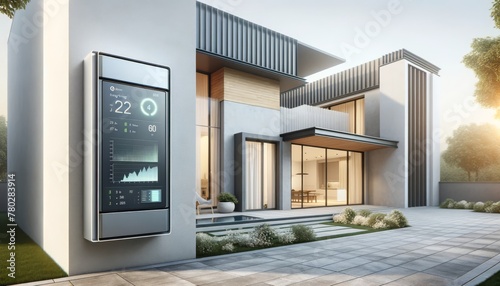 A sleek wall-mounted energy storage system with an integrated smart display showing real-time energy metrics, set against a modern home exterior.