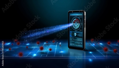 Visualize a smartphone with an advanced anti-malware and antivirus system dashboard on the screen, actively monitoring and protecting sensitive inform.