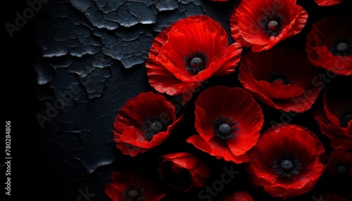 Red poppies on a black crackle glaze background, suggesting remembrance and contrast.