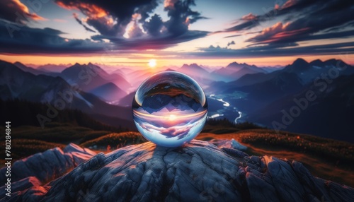 A glass orb placed at a scenic mountain viewpoint during sunset.