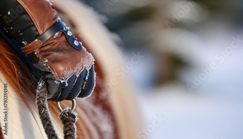 A detailed image capturing a close-up of a character's gloved hand holding the reins of a horse in a wintry scene.