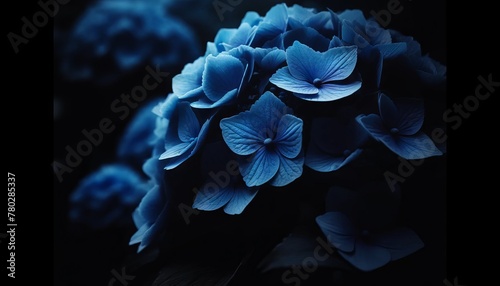 A close shot of blue hydrangea flowers, with the detail of each petal visible against a moody, darkened backdrop.