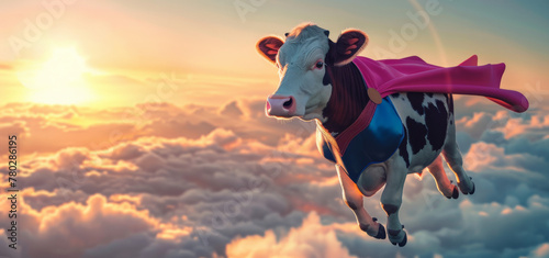 photo of cow dressed in colorful superhero costume, flying above the clouds at sunrise