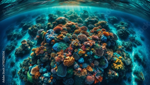 An aerial view of a colorful coral reef under clear ocean waters, captured in a 16_9 aspect ratio.