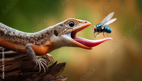 A lizard catching a fly, showcasing the speed and precision of its tongue.