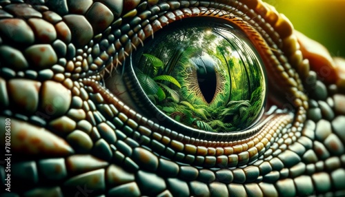 A close-up of a lizard's eye, reflecting the rich greenery of a tropical rainforest.