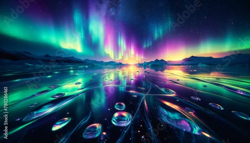 A close-up view of vibrant northern lights reflecting off a glossy, ice-covered surface.